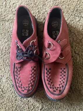 T.U.K Red Suede Creeper Loafers with Ring Detail